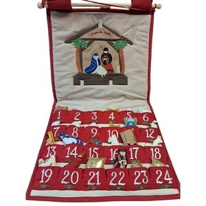 Vtg  24 Day Pocket Hanging Christmas Nativity Advent Calendar & Stick On Figures